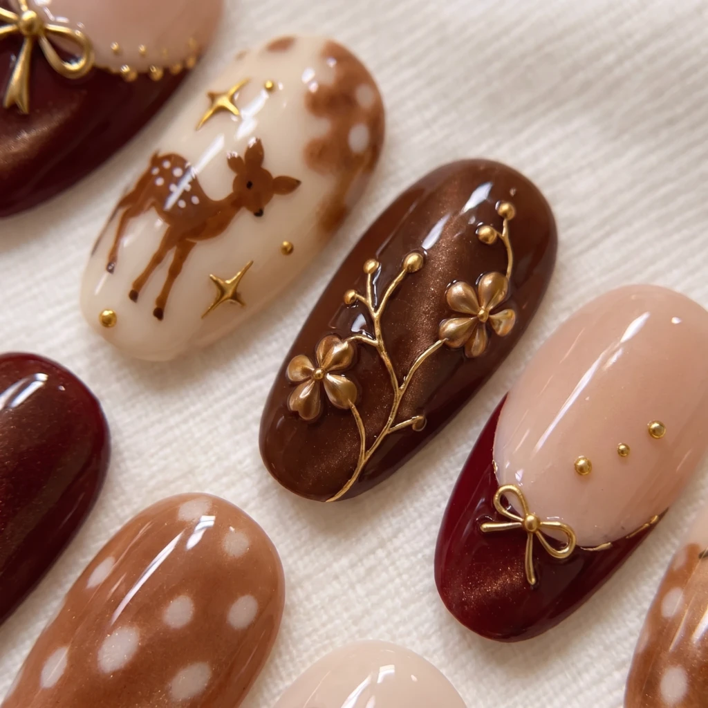 Burgundy Fawn Deer And Bow Art, French Press On Nails, For Cozy Autumn Manicure