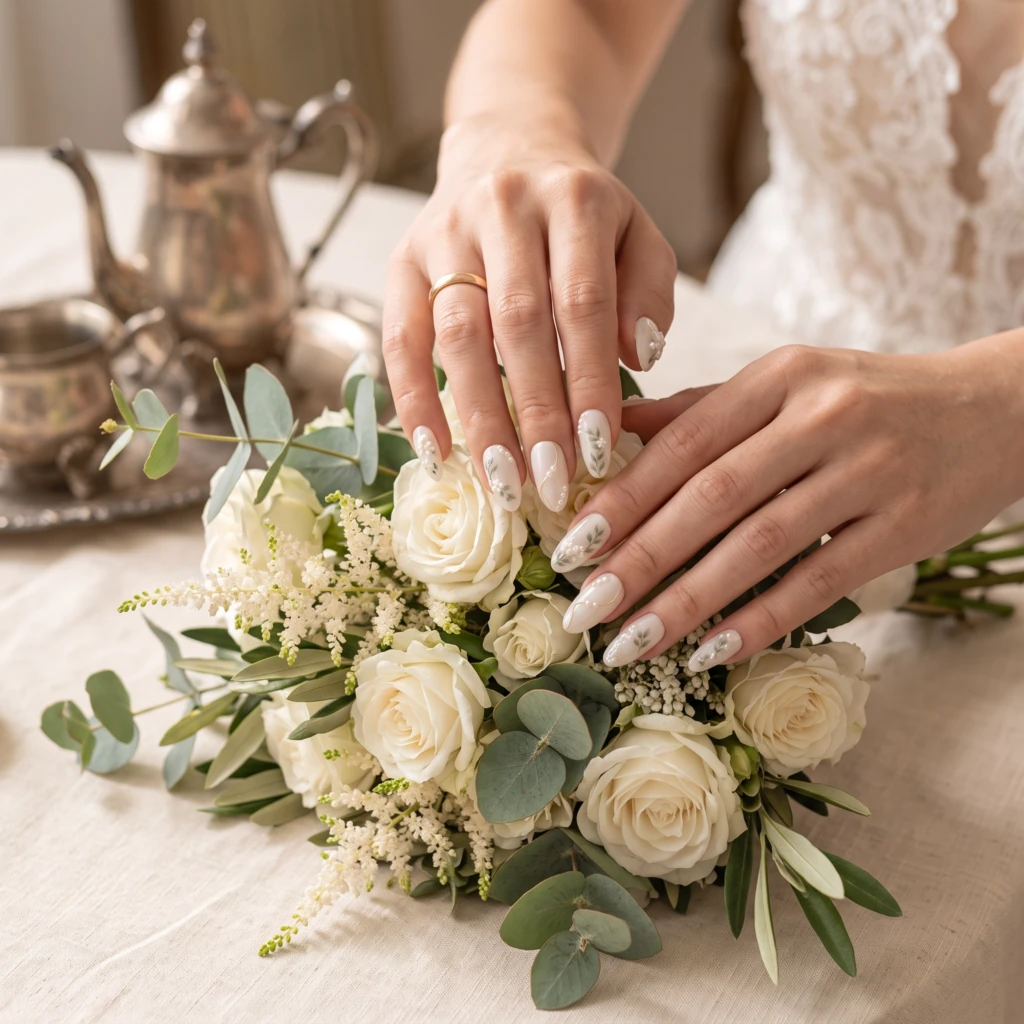 Pearl White Botanical Leaf Floral Art, Press On Nails, Bridal Wedding Look