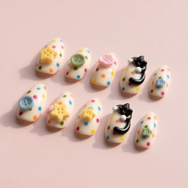 Black Cat Polka Dot Button Design, Y2K Press-On Nails, For Everyday Styling