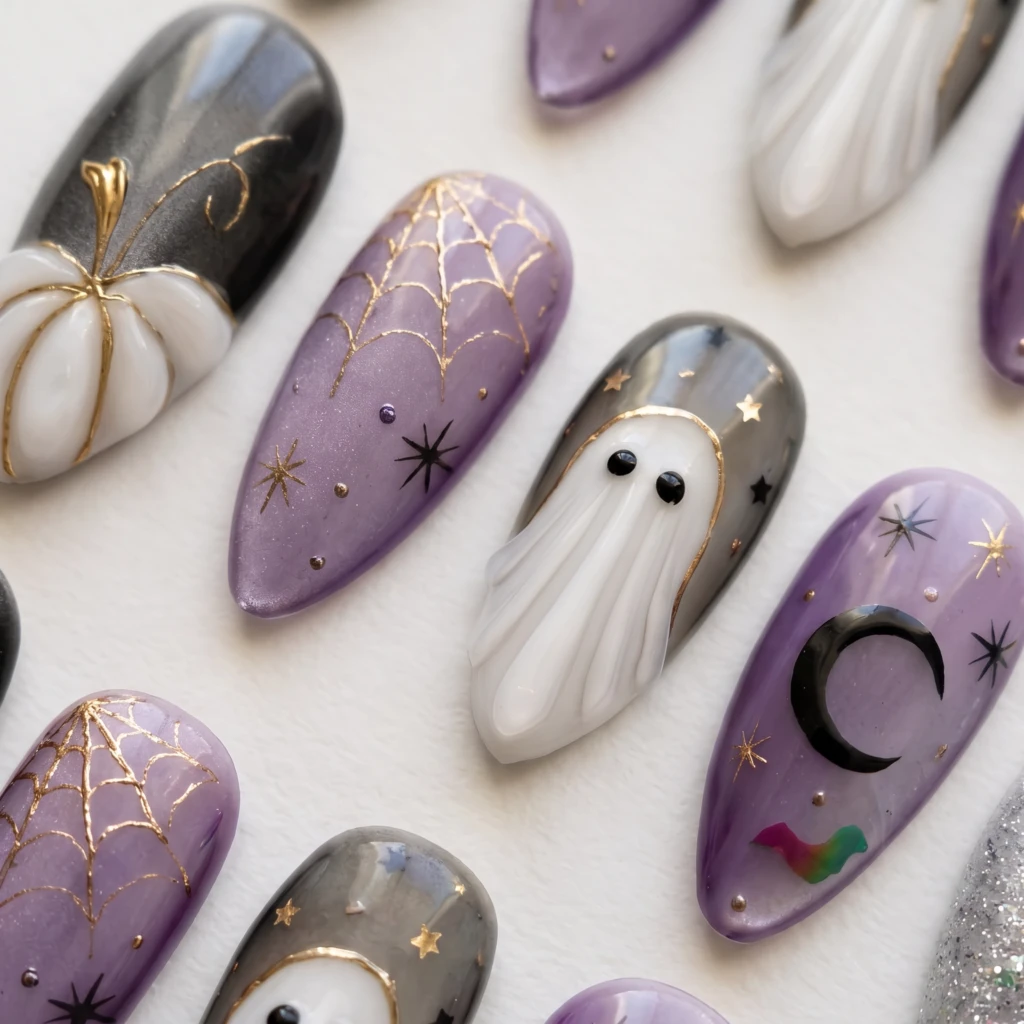 Purple Ghost And Pumpkin, Almond Press On Nails, Spooky Halloween Party