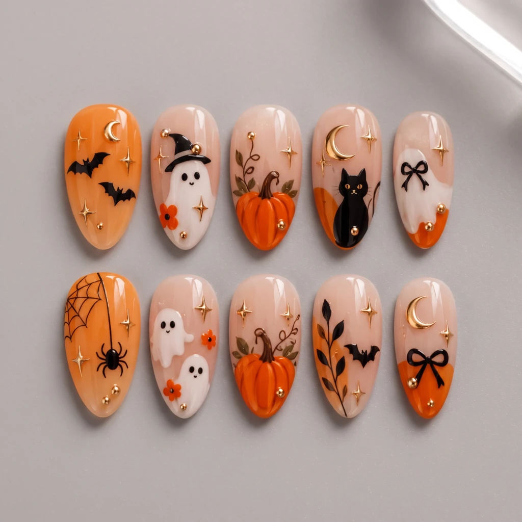 Orange Ghost Cat Pumpkin Art, Glossy Press On Nails, Spooky Halloween Party