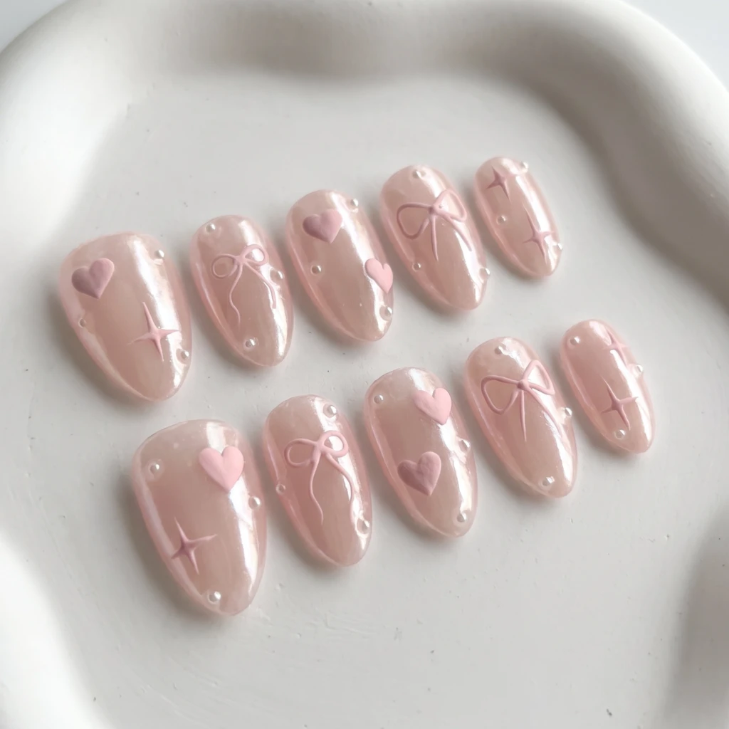 Pink Glazed Donut Heart Bow, Handmade Press On Nails, Valentine Gift For Her