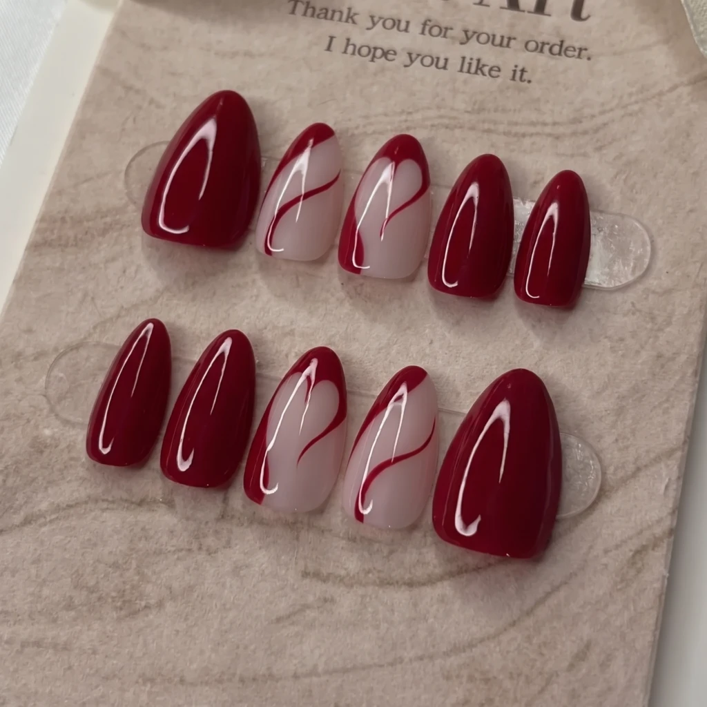Red Outline Heart Art, Handmade Press On Nails, Romantic Valentine Gift