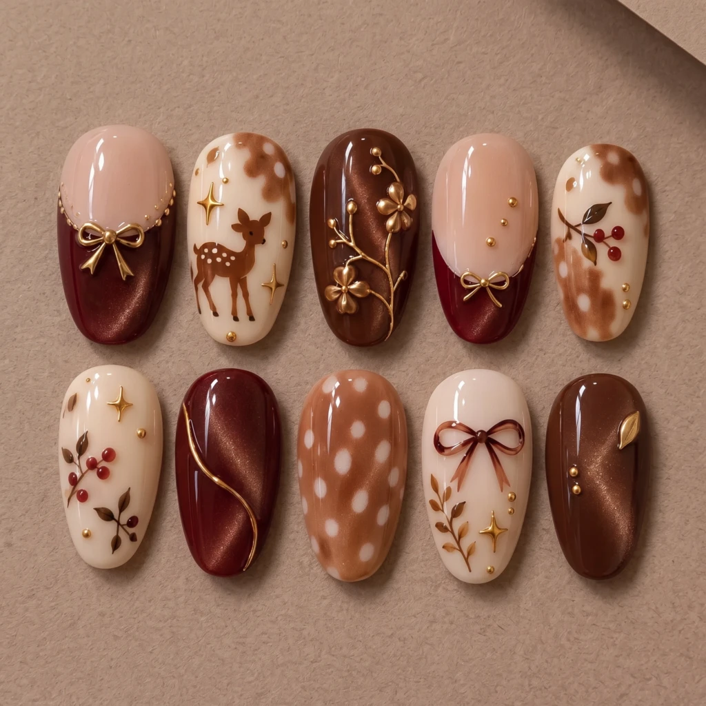 Burgundy Fawn Deer And Bow Art, French Press On Nails, For Cozy Autumn Manicure