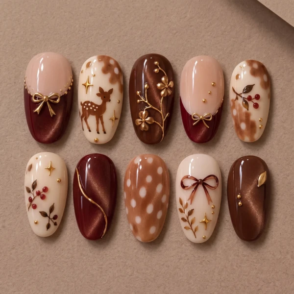 Burgundy Fawn Deer And Bow Art, French Press On Nails, For Cozy Autumn Manicure