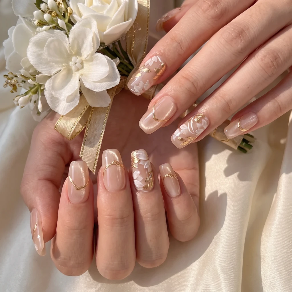 Nude Cat Eye Gold Leaf Floral Art, Coffin Press On Nails, Elegant Wedding Gift