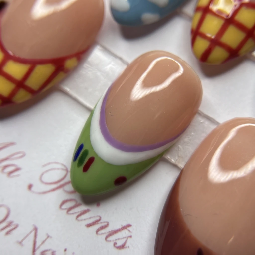 Nude Toy Story Cartoon French Tips, Almond Press On Nails, Theme Park Trip
