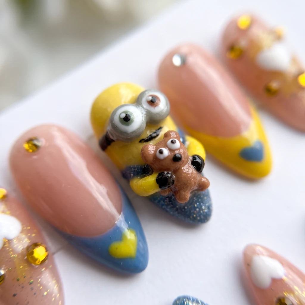 Yellow And Blue 3D Minion Charms, Almond Press On Nails, Summer Holiday Wear