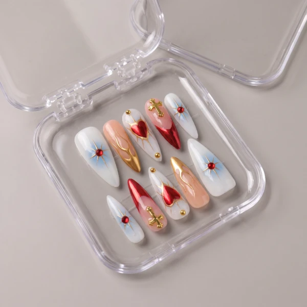 White And Red Flaming Heart, Stiletto Press On Nails, For Party Night Out