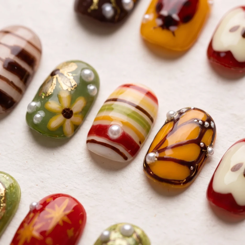 Multicolor Ladybug Apple Art, Short Oval Press On Nails, Fall Gift Idea