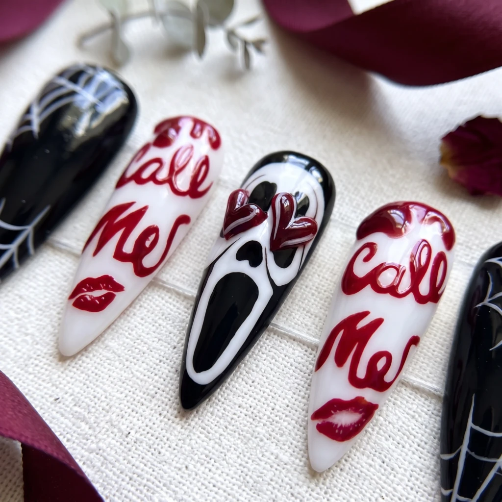 Black And Red Scream Ghostface Art, Press On Nails, Halloween Party Costume