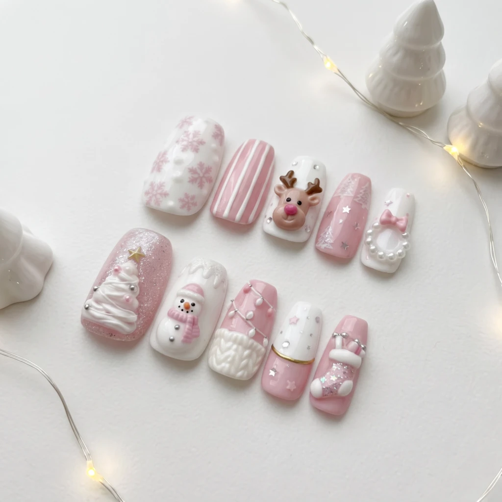 Pastel Pink Reindeer Snowman Nail Art, Press On Nails, Christmas Holiday Set