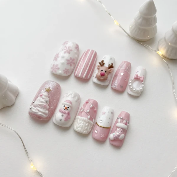 Pastel Pink Reindeer Snowman Nail Art, Press On Nails, Christmas Holiday Set