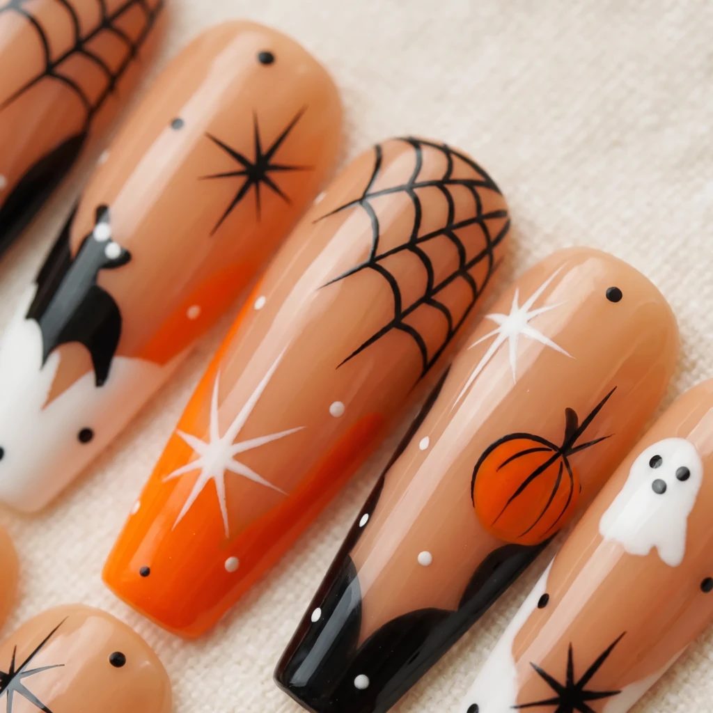 Orange And Black Ghost Pumpkin Spider Web, Coffin Nails, Halloween Party