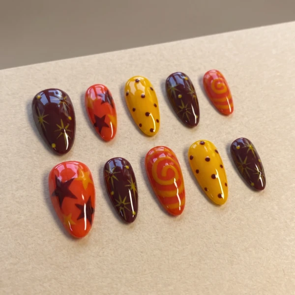 Burgundy Orange Yellow Star Swirl, Almond Press On Nails, Fall Birthday Gift