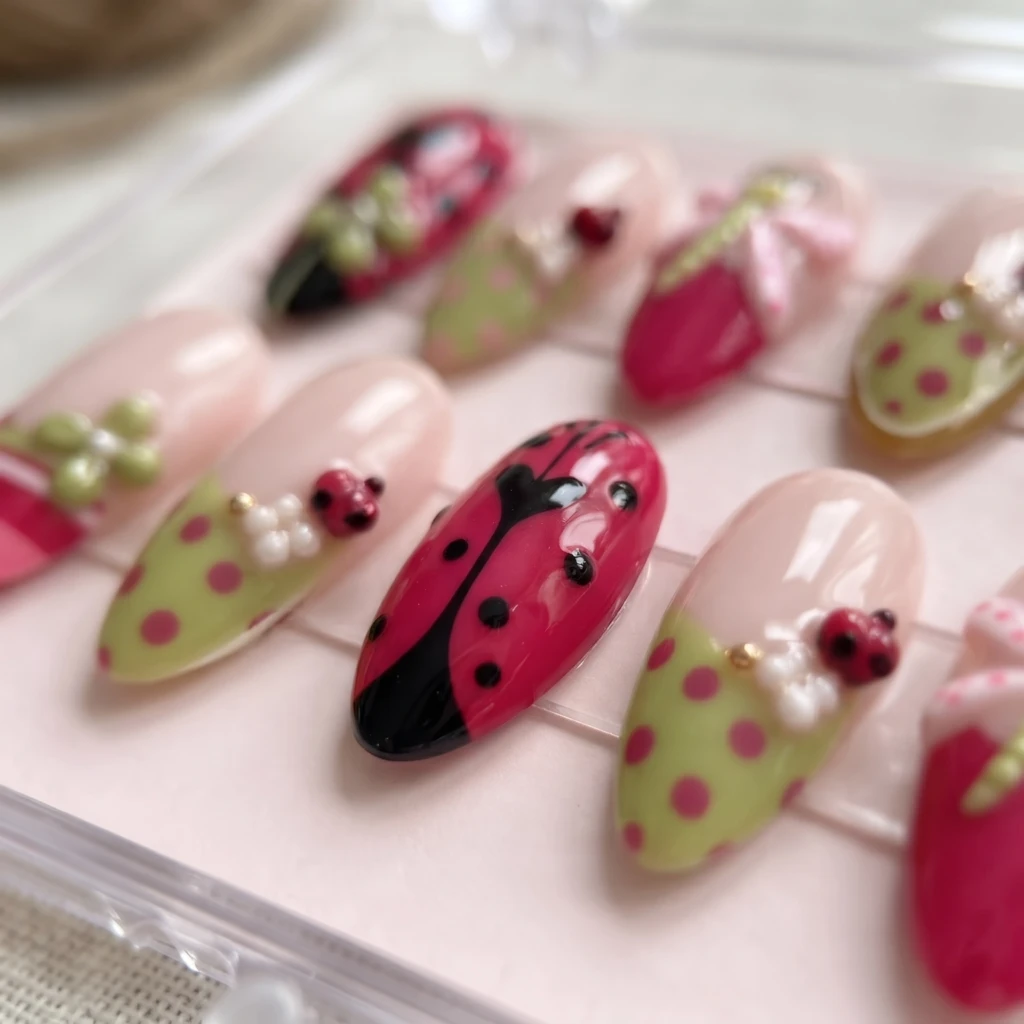 Pink Ladybug And Dragonfly, Almond Press On Nails, Summer Picnic Gift Idea