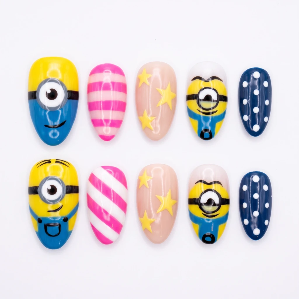Yellow Minion Cartoon Character Art, Press On Nails, Cute Party Manicure Gift