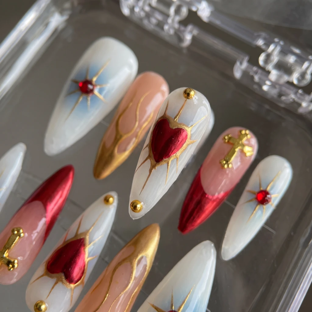 White And Red Flaming Heart, Stiletto Press On Nails, For Party Night Out