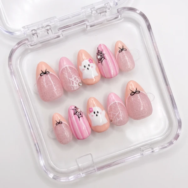 Pink Ghost And Spider Web Prints, Press On Nails, Cute Halloween Manicure