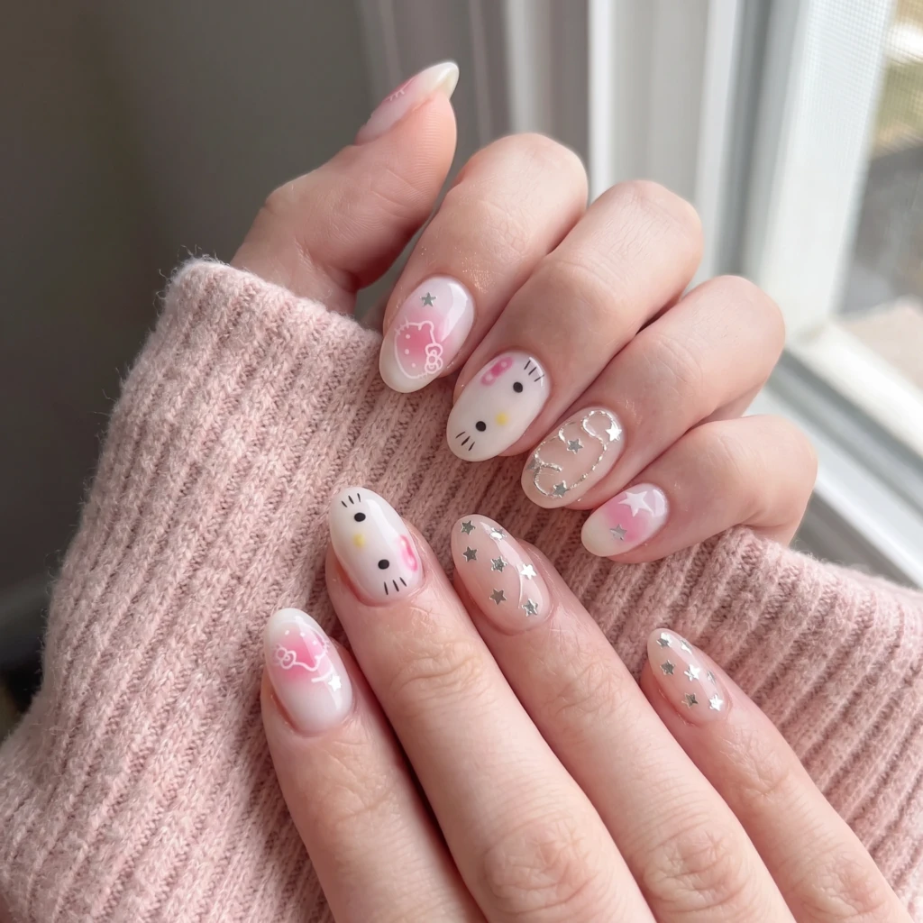 Pink Kitty And Star Art, Handmade Press On Nails, Cute Daily Fashion Wear