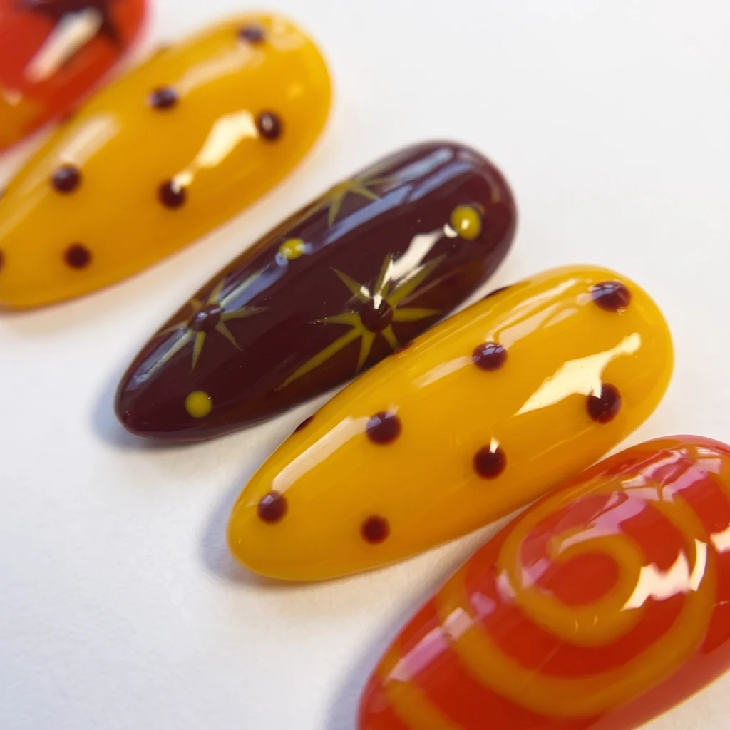 Burgundy Orange Yellow Star Swirl, Almond Press On Nails, Fall Birthday Gift