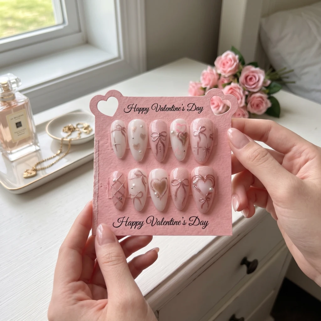 Pink Romantic Ribbon Heart Art, Almond Press On Nails, Valentine's Day Gift