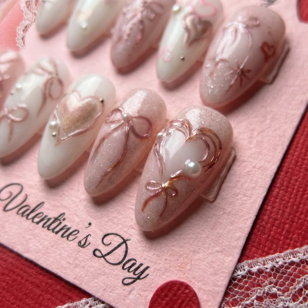 Pink Romantic Ribbon Heart Art, Almond Press On Nails, Valentine’s Day Gift