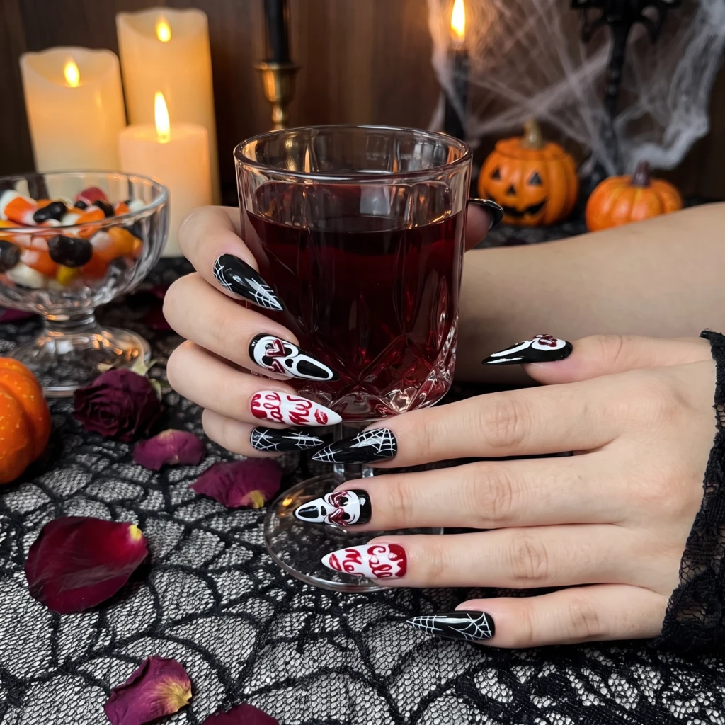 Black And Red Scream Ghostface Art, Press On Nails, Halloween Party Costume
