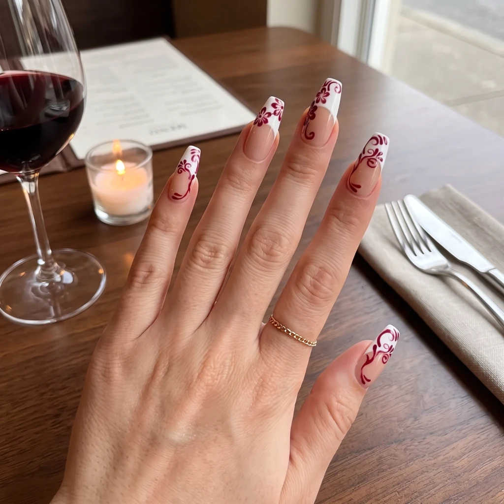 Burgundy Floral French Tips, Handmade Press On Nails, Elegant Date Night