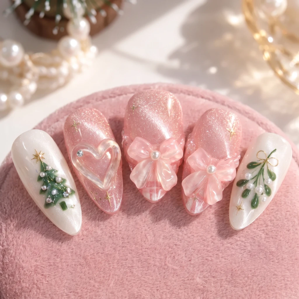Pink Christmas Bow And Plaid Art, Cat Eye Press On Nails, Holiday Manicure