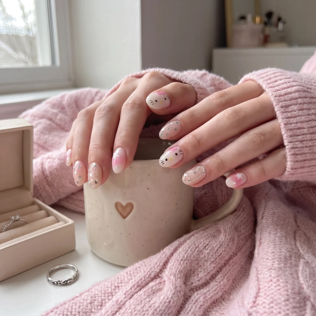 Pink Kitty And Star Art, Handmade Press On Nails, Cute Daily Fashion Wear
