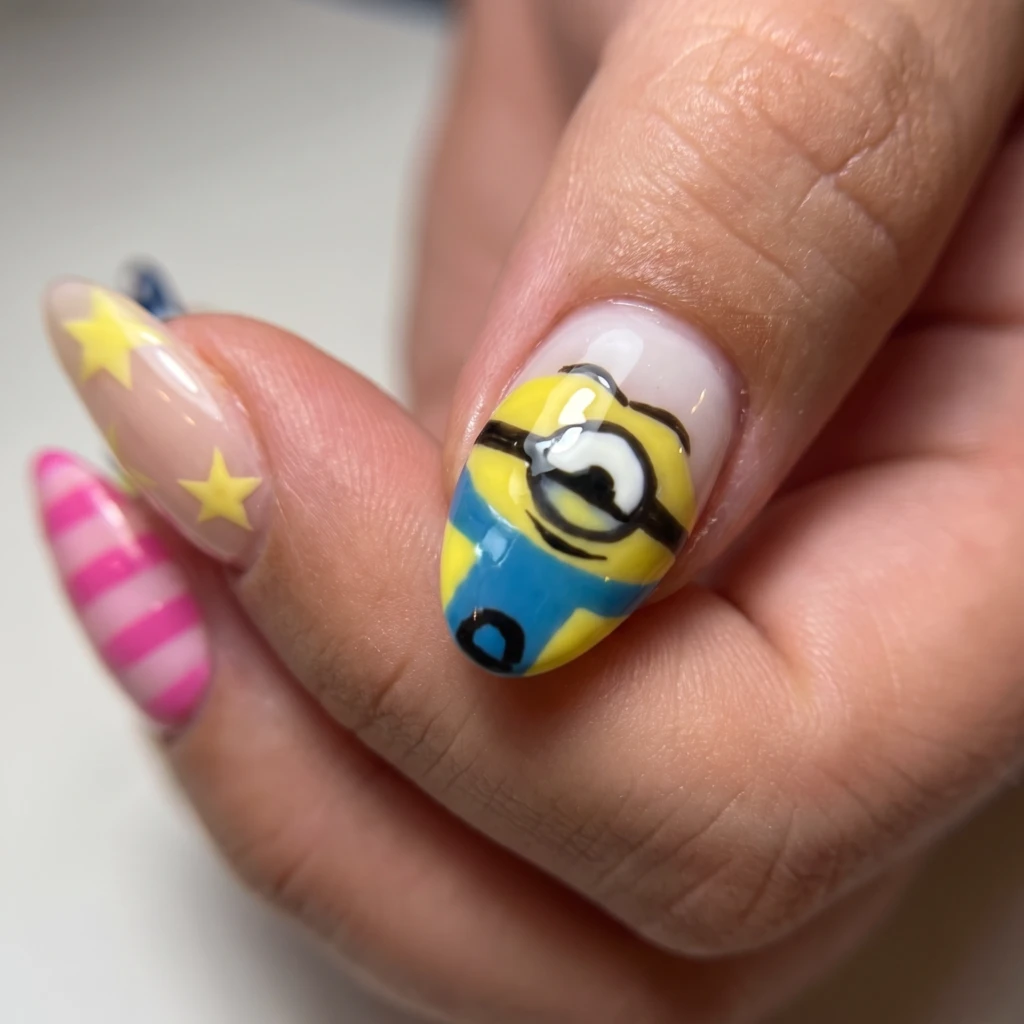 Yellow Minion Cartoon Character Art, Press On Nails, Cute Party Manicure Gift