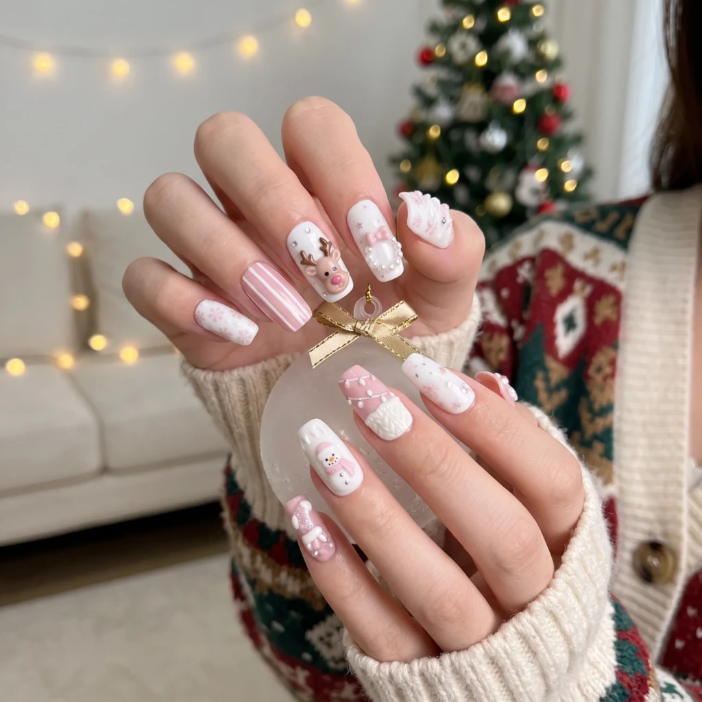 Pastel Pink Reindeer Snowman Nail Art, Press On Nails, Christmas Holiday Set
