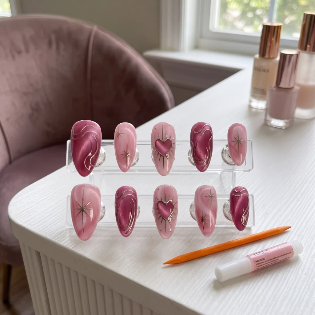Pink Heart Cat Eye Nails, Coquette Press On Nails, Romantic Glam Manicure