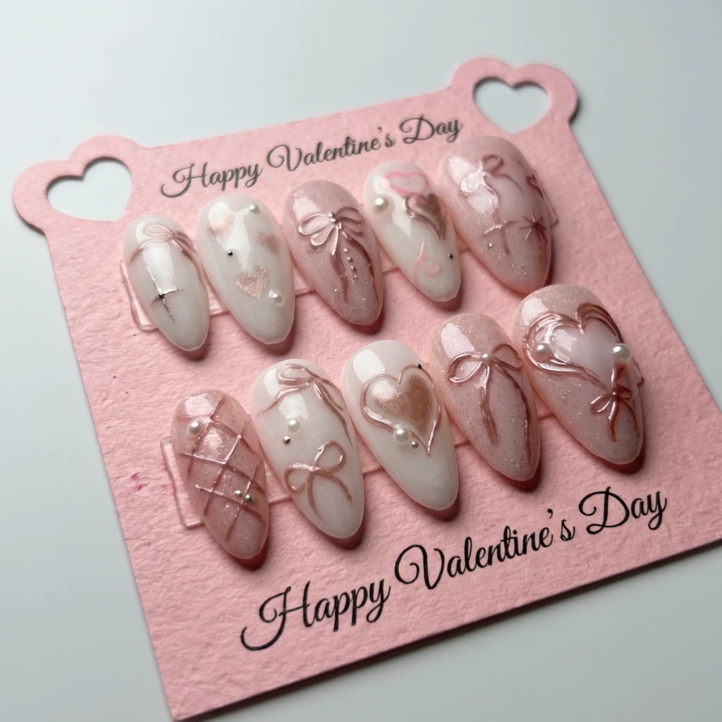 Pink Romantic Ribbon Heart Art, Almond Press On Nails, Valentine’s Day Gift