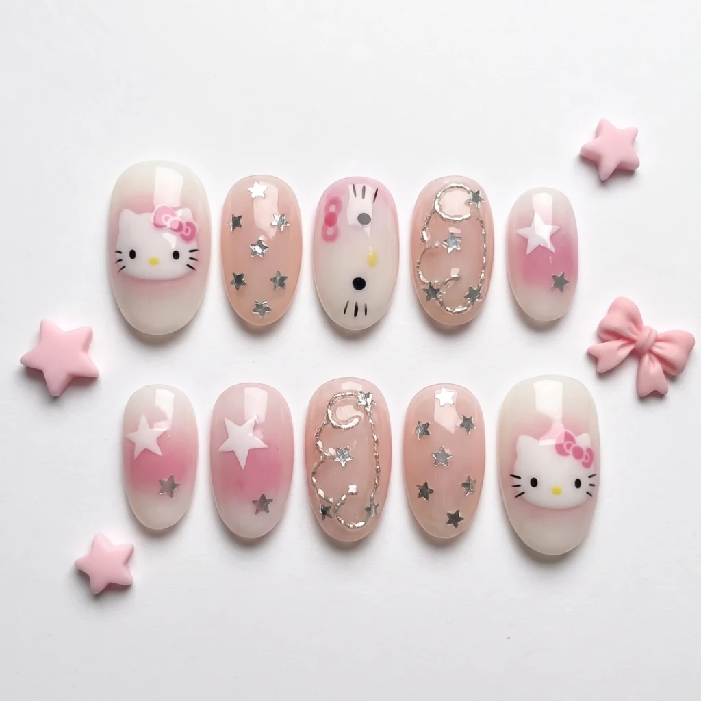 Pink Kitty And Star Art, Handmade Press On Nails, Cute Daily Fashion Wear