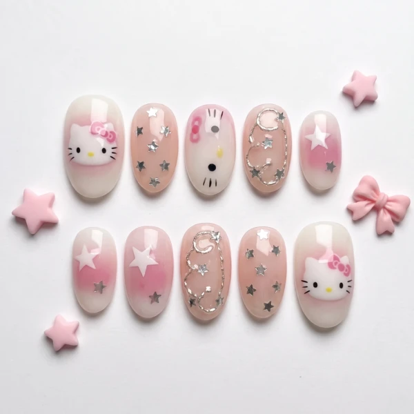 Pink Kitty And Star Art, Handmade Press On Nails, Cute Daily Fashion Wear