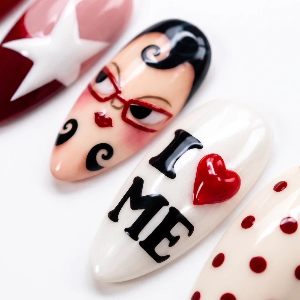 Red And White Retro Graphic Pinup Art, Press On Nails, For Everyday Fashion