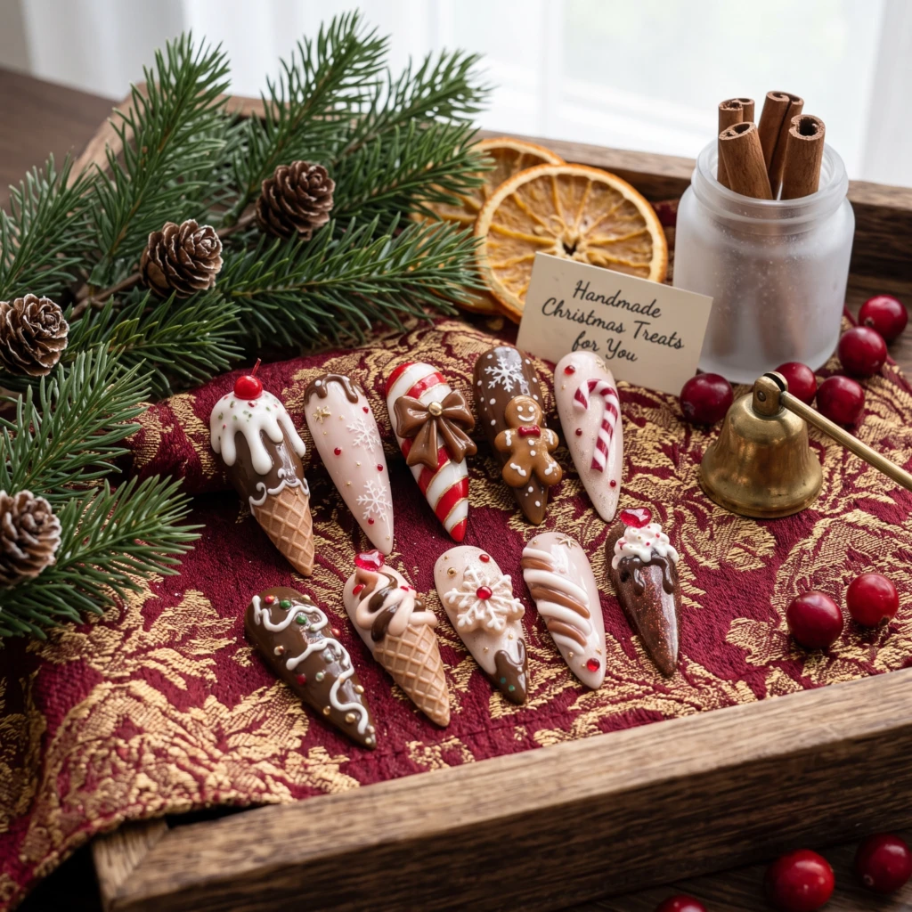 Brown 3D Gingerbread And Candy Cane Desserts, Stiletto Nails, Christmas Gift