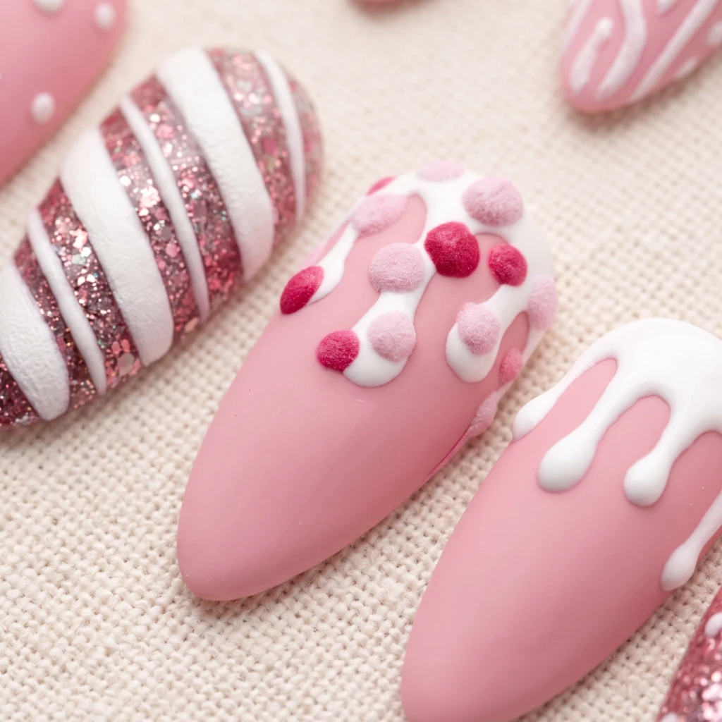Pink Gingerbread Snowflake Nails, Almond Press On, Christmas Holiday Gift Set