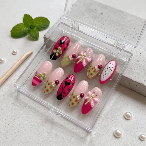 Pink Ladybug And Dragonfly, Almond Press On Nails, Summer Picnic Gift Idea