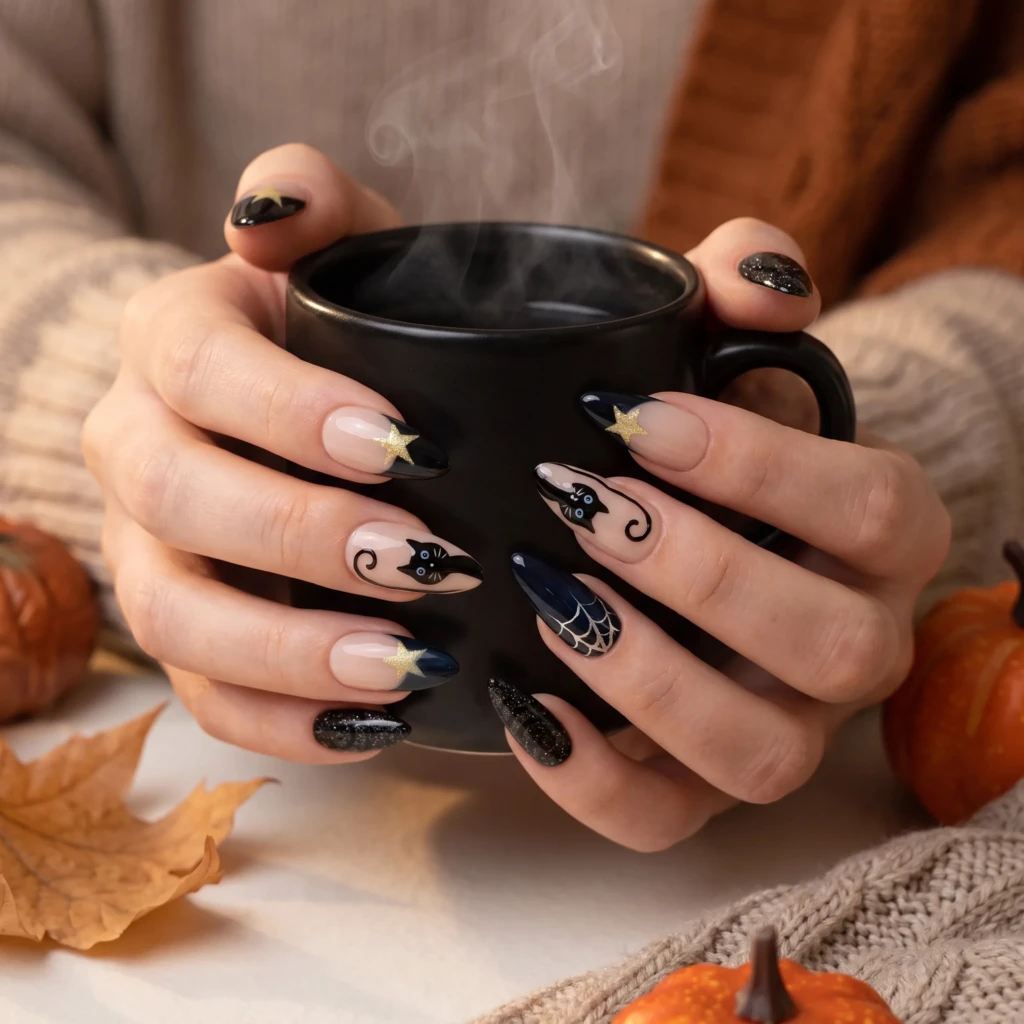 Black Cat And Spiderweb Art, Stiletto Press On Nails, Spooky Halloween Party