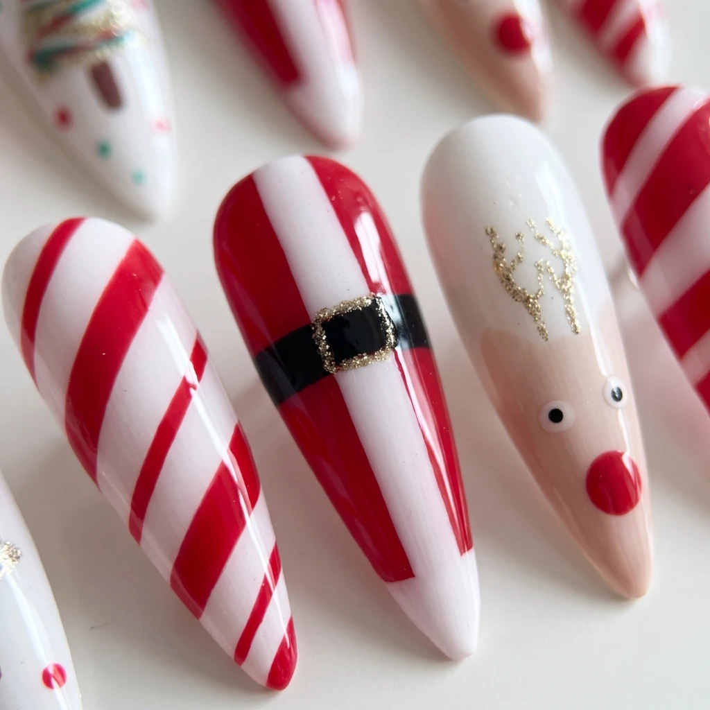 Red White Reindeer Candy Cane, Stiletto Press On Nails, Christmas Holiday Gift