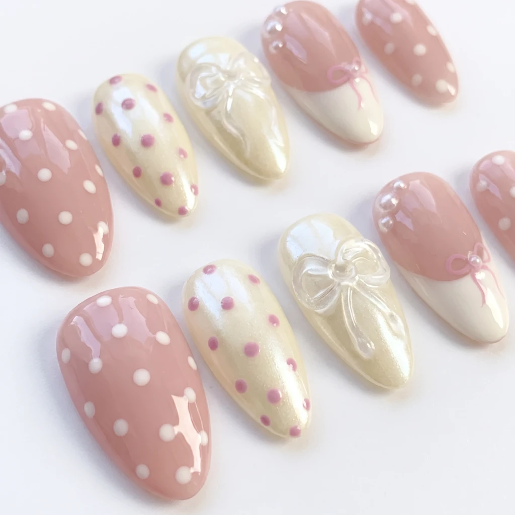 Pink 3D Bow And Polka Dot, Medium Almond Press On Nails, Daily Party Wear
