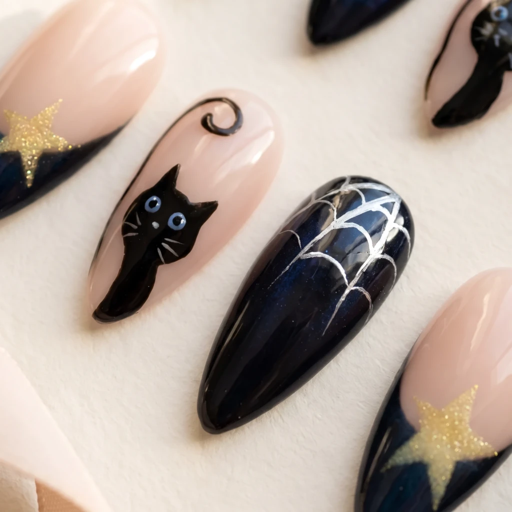 Black Cat And Spiderweb Art, Stiletto Press On Nails, Spooky Halloween Party