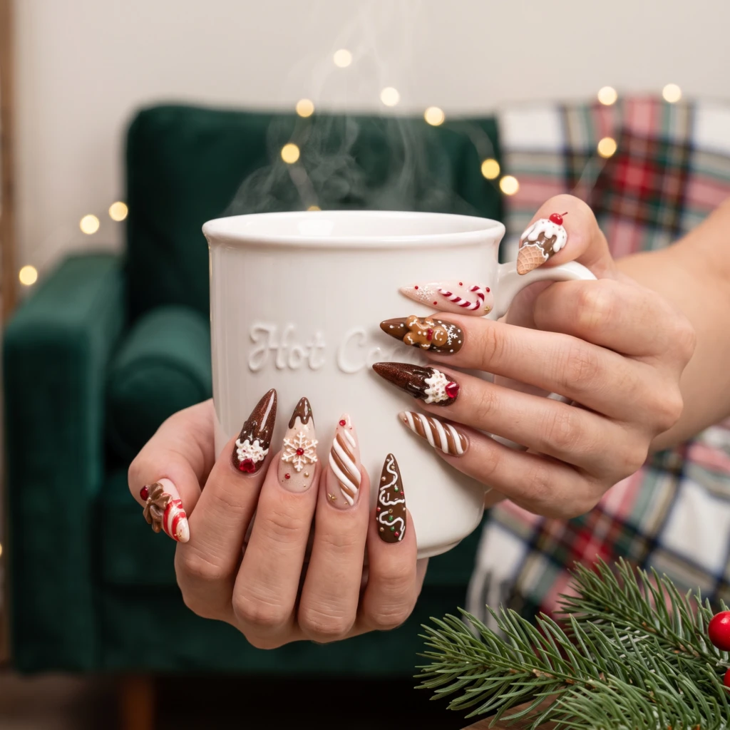 Brown 3D Gingerbread And Candy Cane Desserts, Stiletto Nails, Christmas Gift