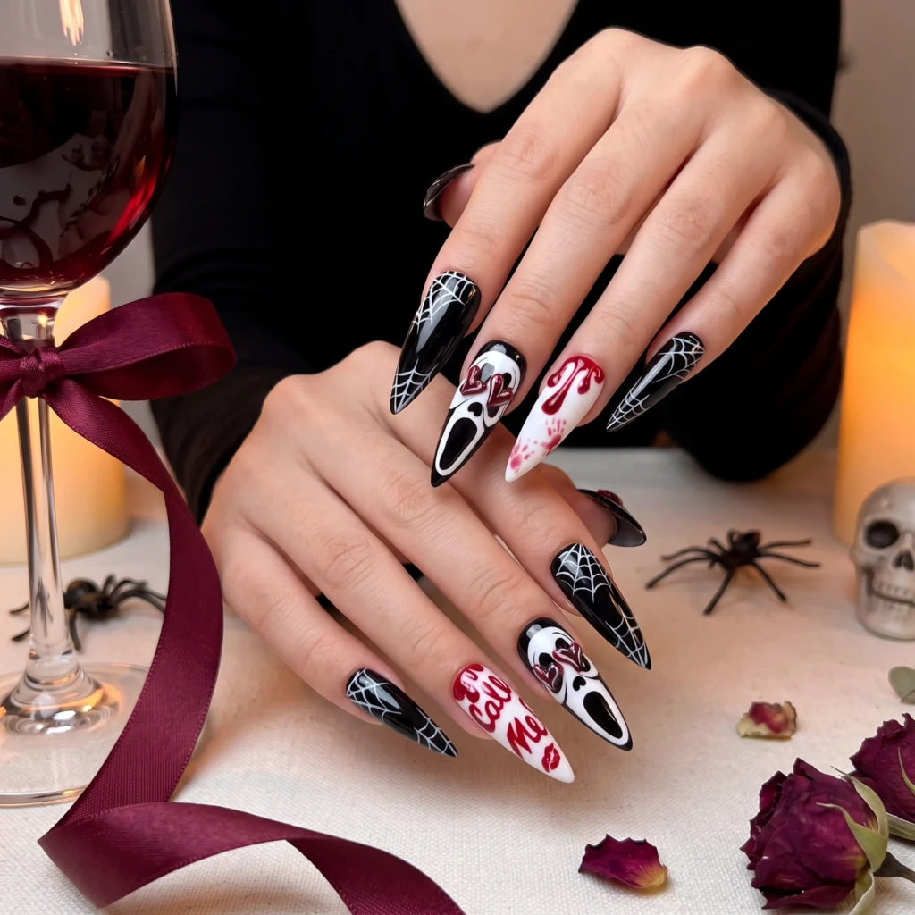 Black And Red Scream Ghostface Art, Press On Nails, Halloween Party Costume