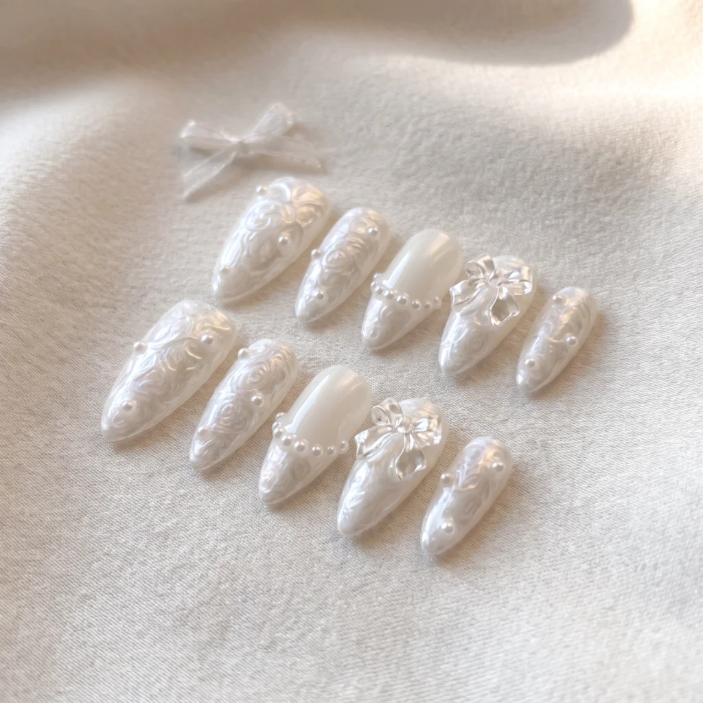 Pearl White 3D Bow And Pearls, Almond Press On Nails, Elegant Bridal Wedding