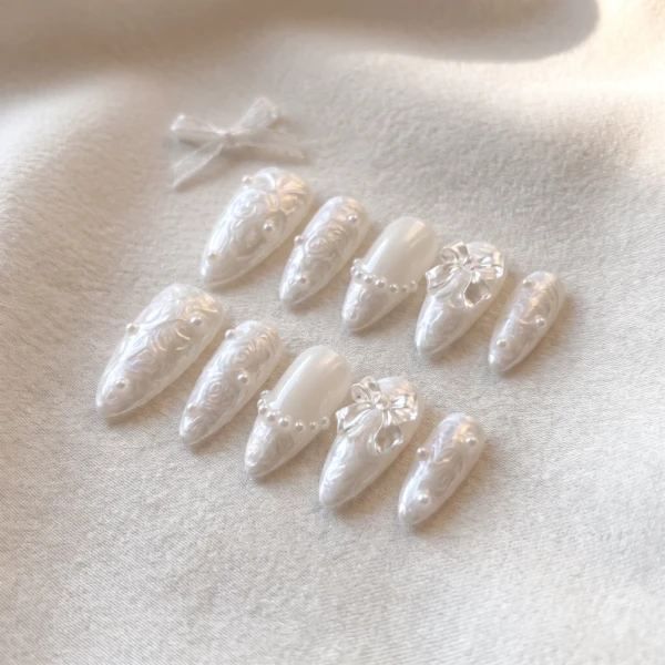 Pearl White 3D Bow And Pearls, Almond Press On Nails, Elegant Bridal Wedding