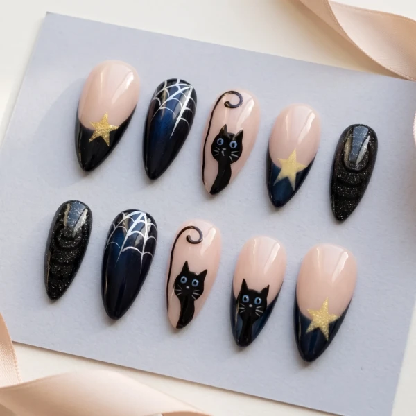 Black Cat And Spiderweb Art, Stiletto Press On Nails, Spooky Halloween Party
